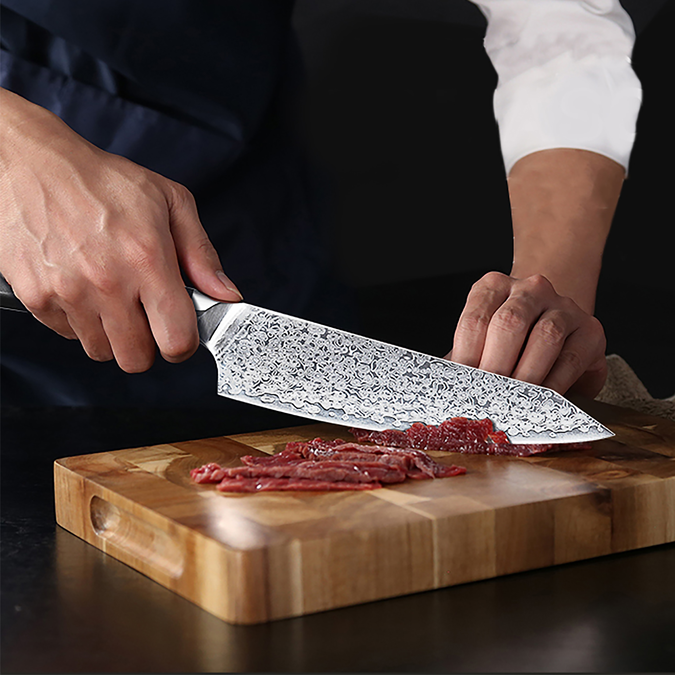 16-piece Natural Acacia Wood Knife Block Set Damascus Pattern Chef Knife Set,  Steak Knives, Kitchen Shears Red Resin Handles 